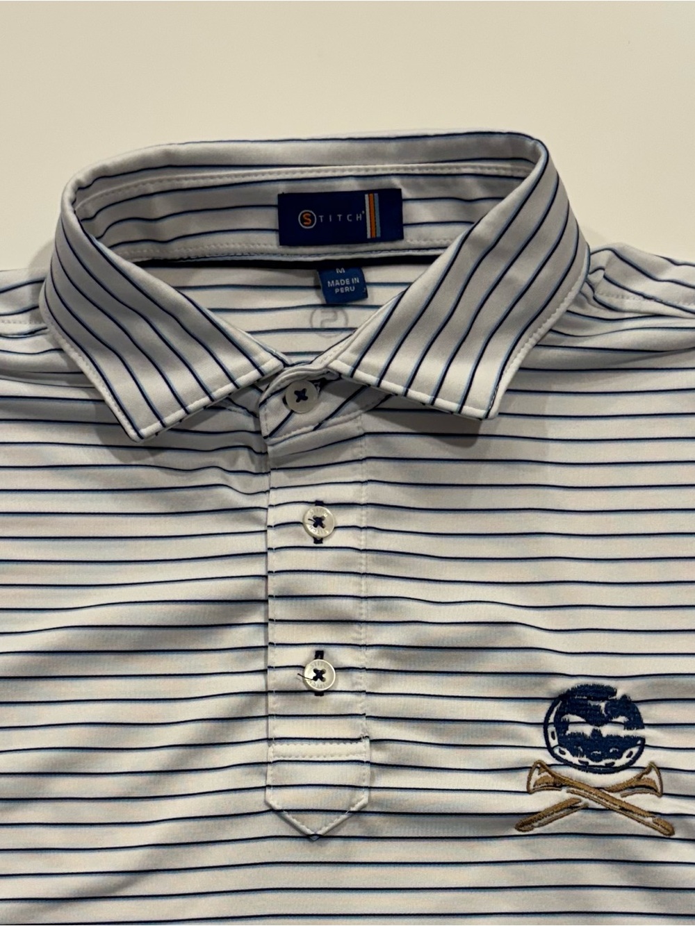Stitch Men’s Golf Polo Medium White Navy Stripe - LIV Golf Crushers DeChambeau